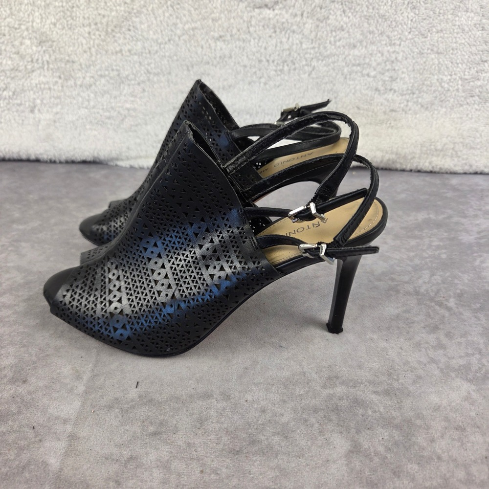 Antonio Melani Black Leather Laser Cut Slingback Peep Toe Stiletto Heels 7.5M
